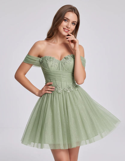 Glitter Tulle Off-the-Shoulder Sweetheart A-Line Mini Dress with Floral Appliqués for Prom, Party, Cocktail, Evening & Weddin