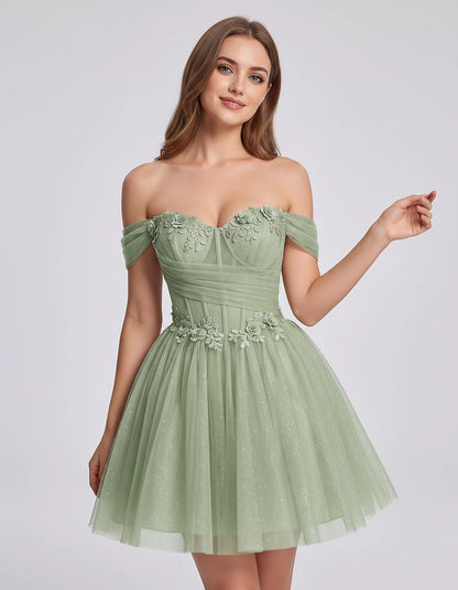 Glitter Tulle Off-the-Shoulder Sweetheart A-Line Mini Dress with Floral Appliqués for Prom, Party, Cocktail, Evening & Weddin