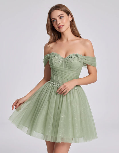 Glitter Tulle Off-the-Shoulder Sweetheart A-Line Mini Dress with Floral Appliqués for Prom, Party, Cocktail, Evening & Weddin