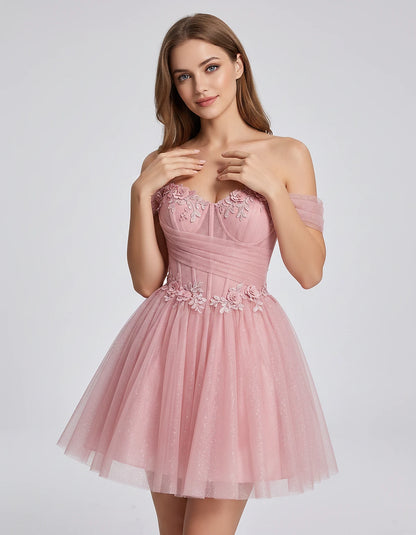 Glitter Tulle Off-the-Shoulder Sweetheart A-Line Mini Dress with Floral Appliqués for Prom, Party, Cocktail, Evening & Weddin