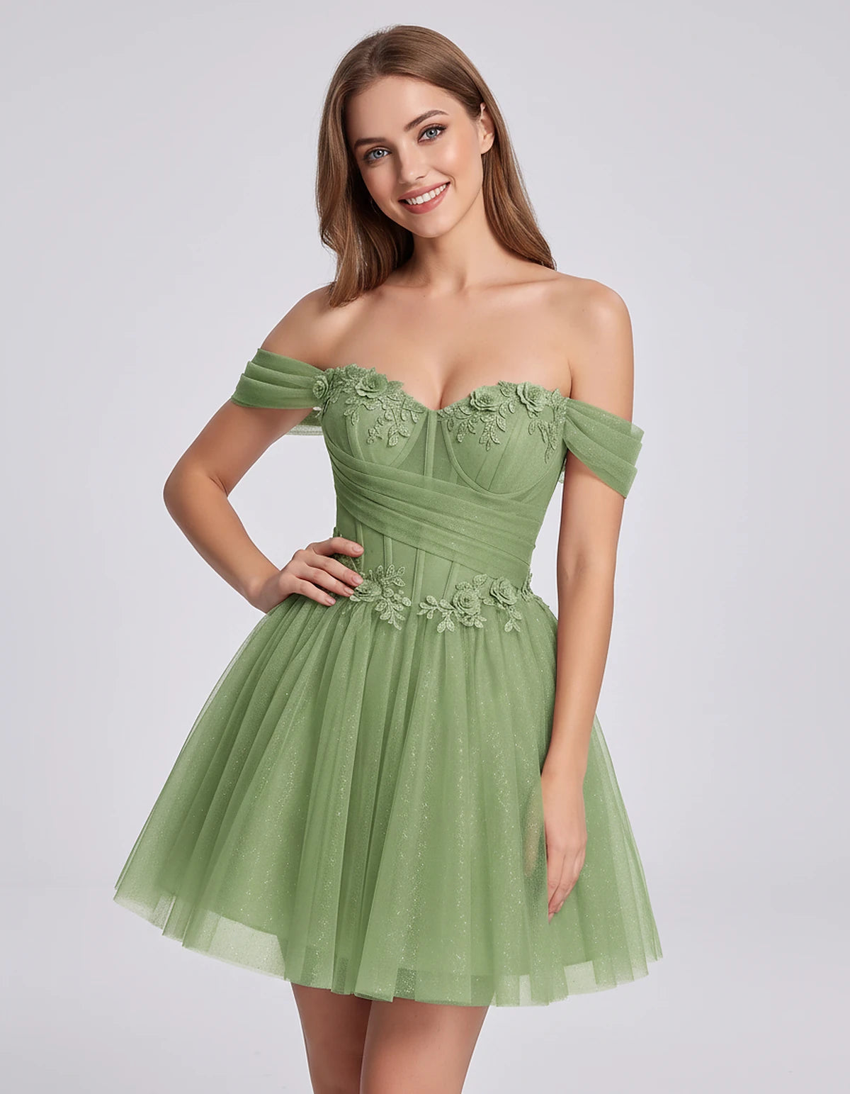 Glitter Tulle Off-the-Shoulder Sweetheart A-Line Mini Dress with Floral Appliqués for Prom, Party, Cocktail, Evening & Weddin