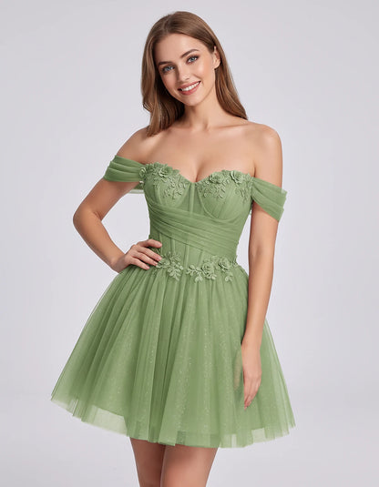 Glitter Tulle Off-the-Shoulder Sweetheart A-Line Mini Dress with Floral Appliqués for Prom, Party, Cocktail, Evening & Weddin