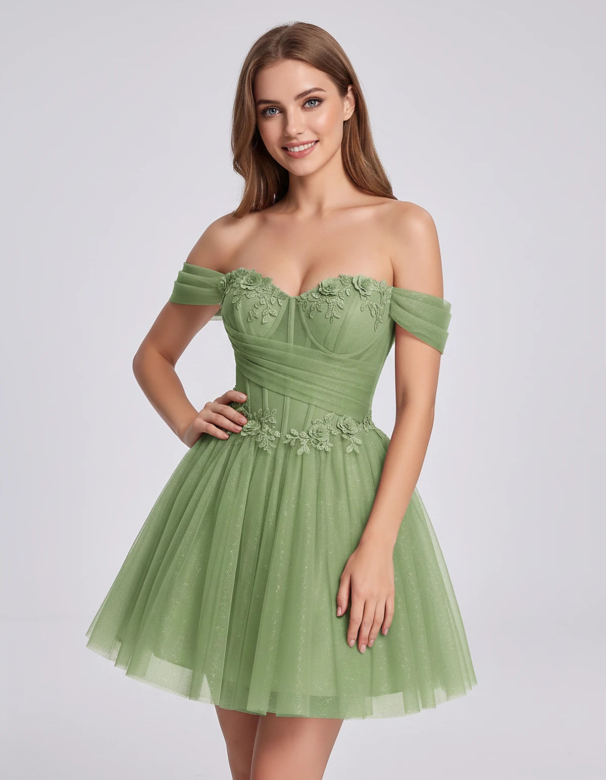 Glitter Tulle Off-the-Shoulder Sweetheart A-Line Mini Dress with Floral Appliqués for Prom, Party, Cocktail, Evening & Weddin