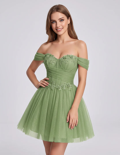 Glitter Tulle Off-the-Shoulder Sweetheart A-Line Mini Dress with Floral Appliqués for Prom, Party, Cocktail, Evening & Weddin
