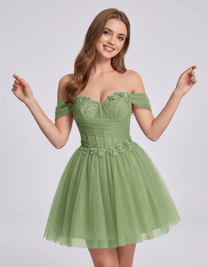 Glitter Tulle Off-the-Shoulder Sweetheart A-Line Mini Dress with Floral Appliqués for Prom, Party, Cocktail, Evening & Weddin