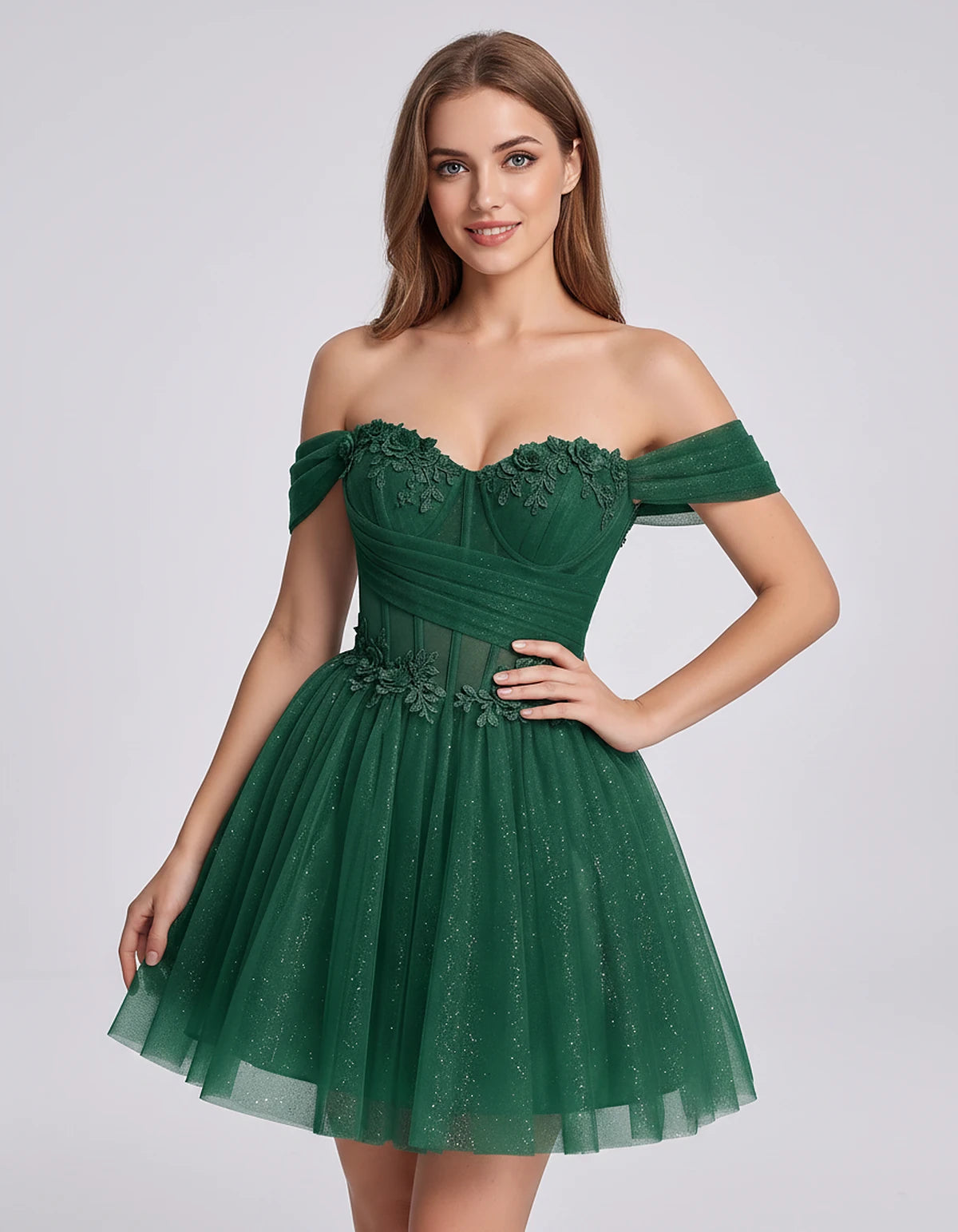 Glitter Tulle Off-the-Shoulder Sweetheart A-Line Mini Dress with Floral Appliqués for Prom, Party, Cocktail, Evening & Weddin