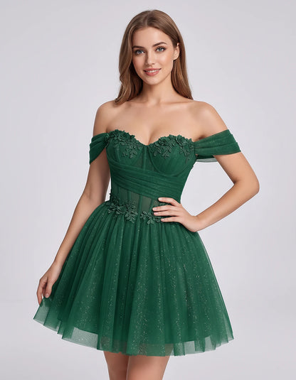 Glitter Tulle Off-the-Shoulder Sweetheart A-Line Mini Dress with Floral Appliqués for Prom, Party, Cocktail, Evening & Weddin