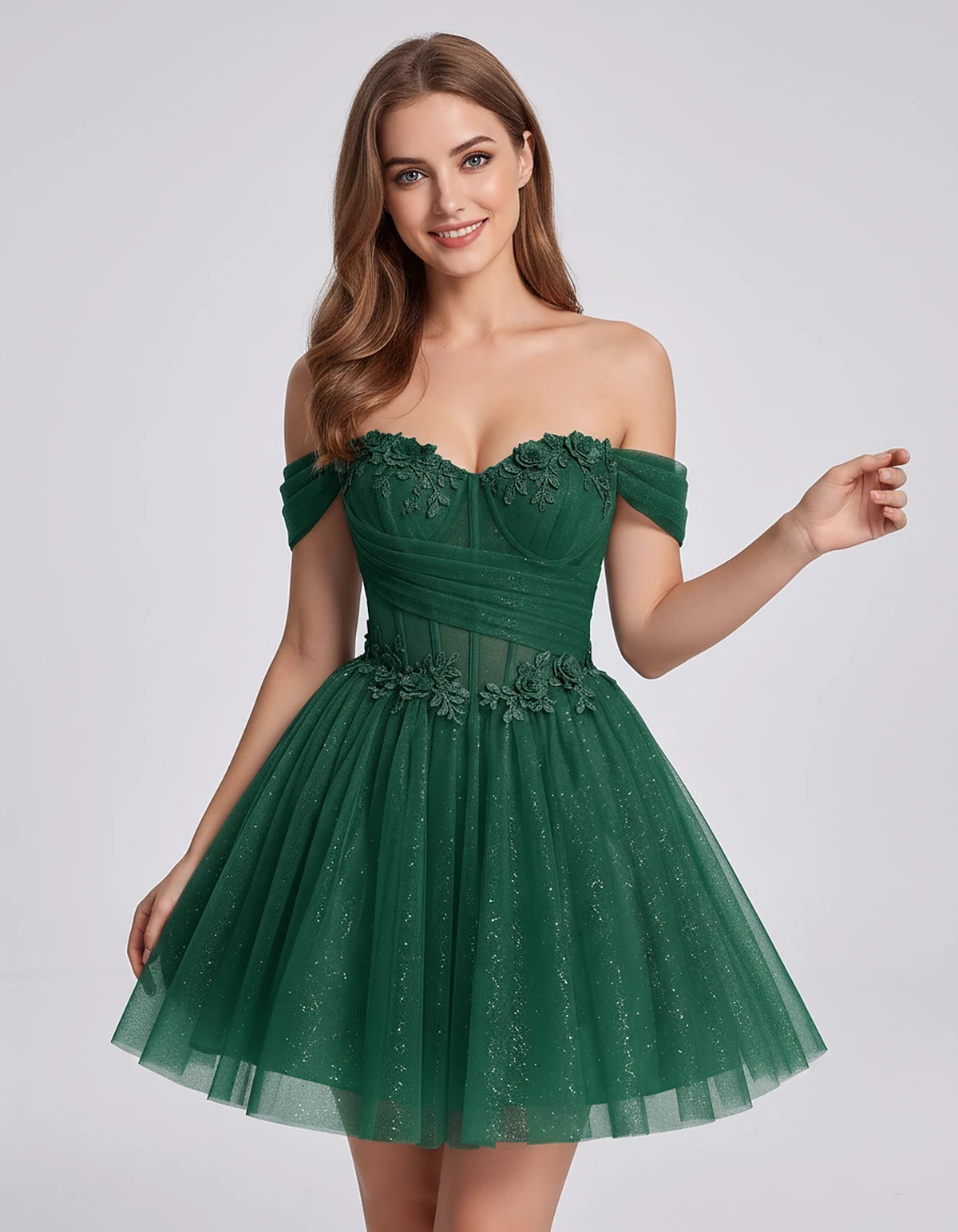 Glitter Tulle Off-the-Shoulder Sweetheart A-Line Mini Dress with Floral Appliqués for Prom, Party, Cocktail, Evening & Weddin