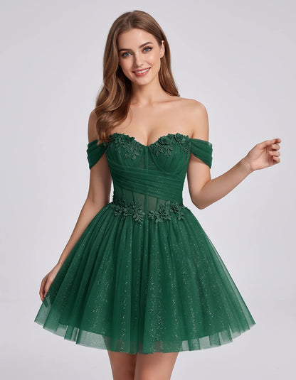Glitter Tulle Off-the-Shoulder Sweetheart A-Line Mini Dress with Floral Appliqués for Prom, Party, Cocktail, Evening & Weddin