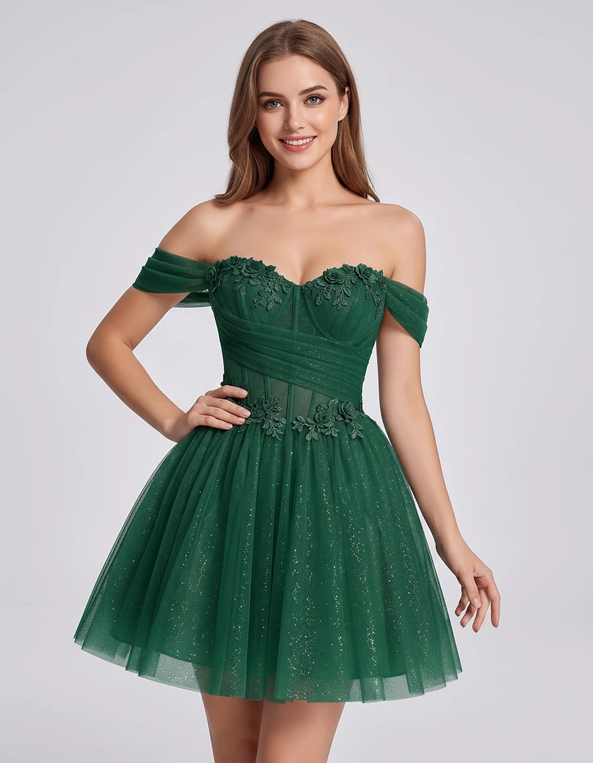 Glitter Tulle Off-the-Shoulder Sweetheart A-Line Mini Dress with Floral Appliqués for Prom, Party, Cocktail, Evening & Weddin
