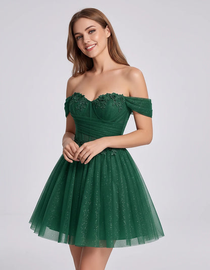 Glitter Tulle Off-the-Shoulder Sweetheart A-Line Mini Dress with Floral Appliqués for Prom, Party, Cocktail, Evening & Weddin
