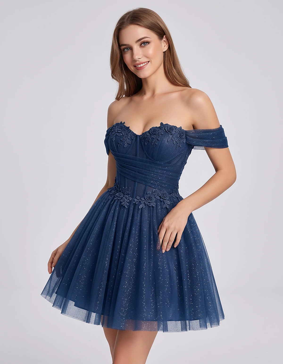 Glitter Tulle Off-the-Shoulder Sweetheart A-Line Mini Dress with Floral Appliqués for Prom, Party, Cocktail, Evening & Weddin