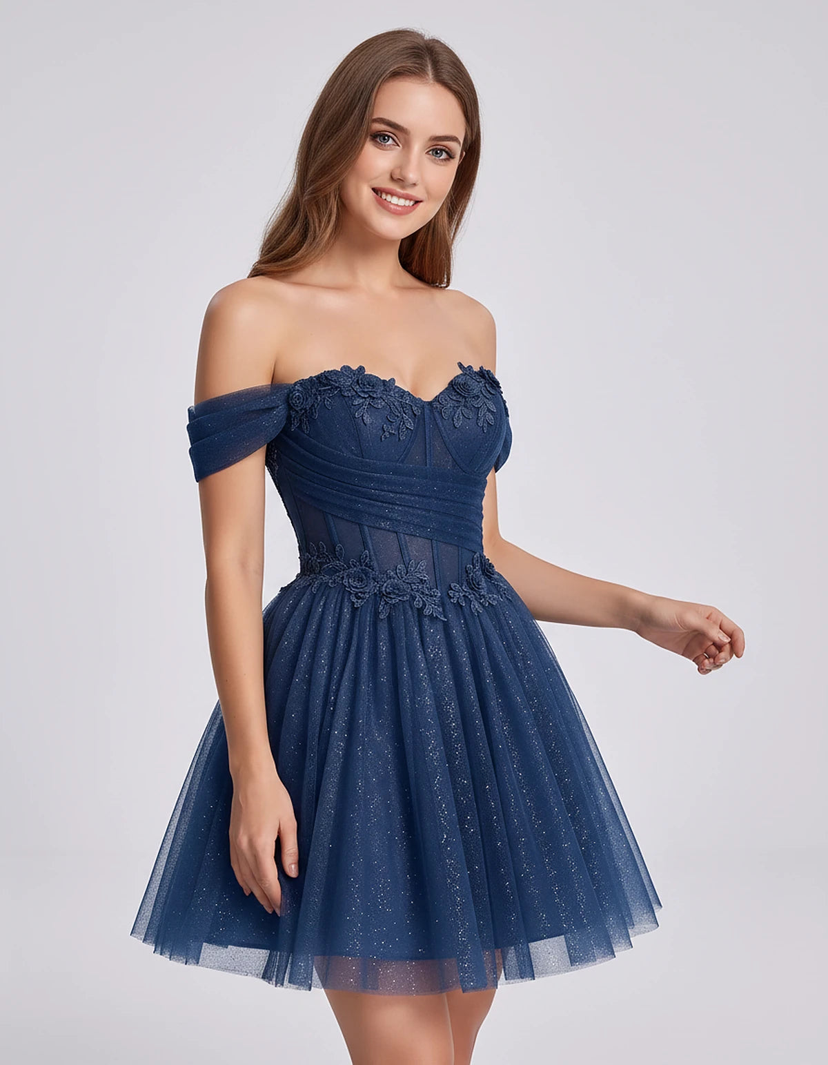 Glitter Tulle Off-the-Shoulder Sweetheart A-Line Mini Dress with Floral Appliqués for Prom, Party, Cocktail, Evening & Weddin