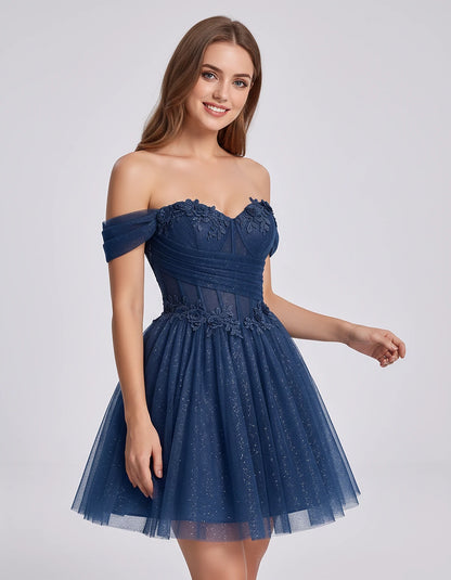 Glitter Tulle Off-the-Shoulder Sweetheart A-Line Mini Dress with Floral Appliqués for Prom, Party, Cocktail, Evening & Weddin