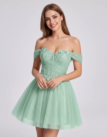 Glitter Tulle Off-the-Shoulder Sweetheart A-Line Mini Dress with Floral Appliqués for Prom, Party, Cocktail, Evening & Weddin