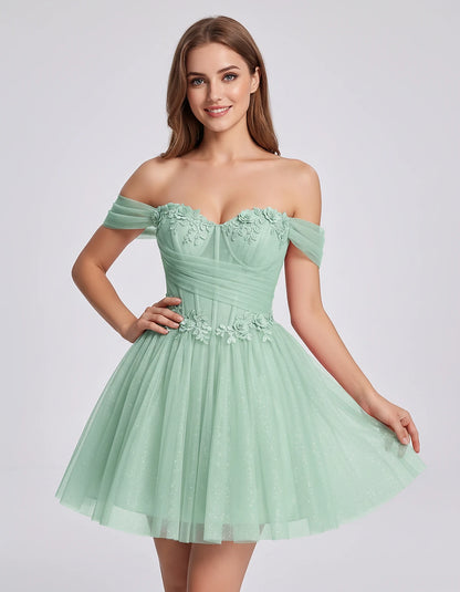 Glitter Tulle Off-the-Shoulder Sweetheart A-Line Mini Dress with Floral Appliqués for Prom, Party, Cocktail, Evening & Weddin
