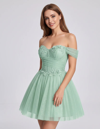 Glitter Tulle Off-the-Shoulder Sweetheart A-Line Mini Dress with Floral Appliqués for Prom, Party, Cocktail, Evening & Weddin