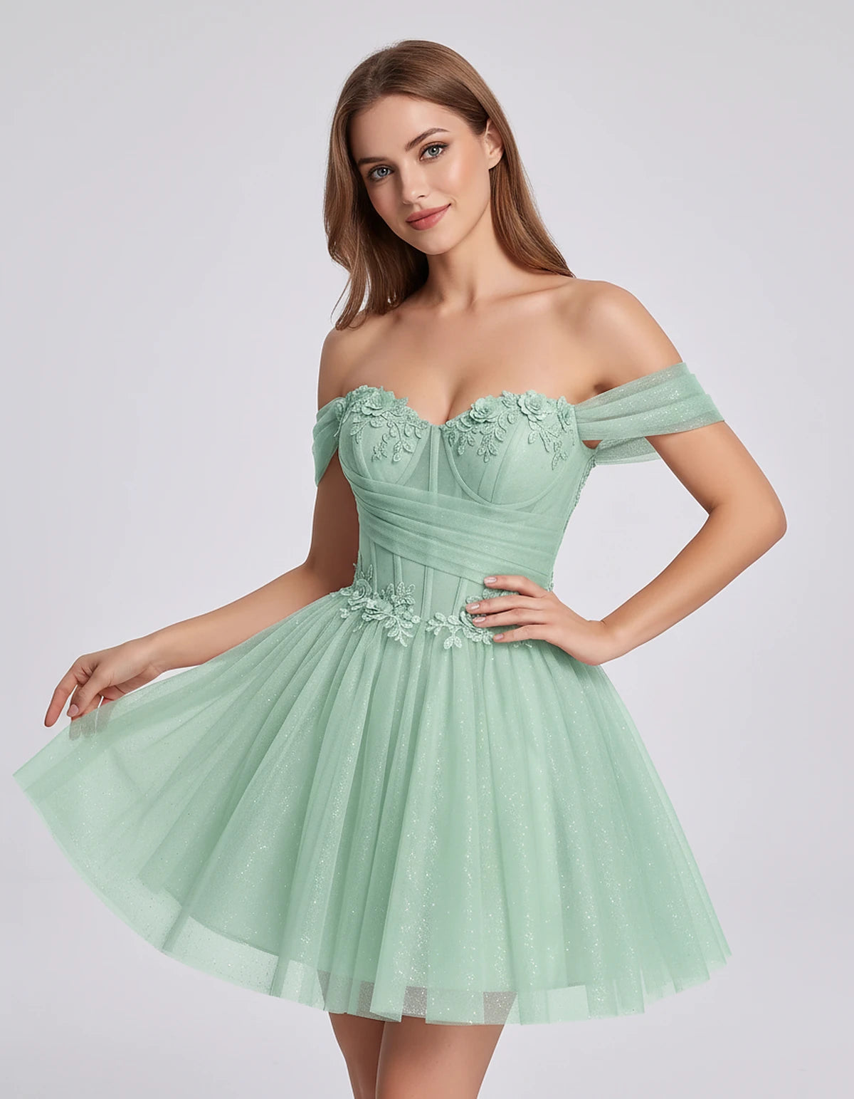 Glitter Tulle Off-the-Shoulder Sweetheart A-Line Mini Dress with Floral Appliqués for Prom, Party, Cocktail, Evening & Weddin