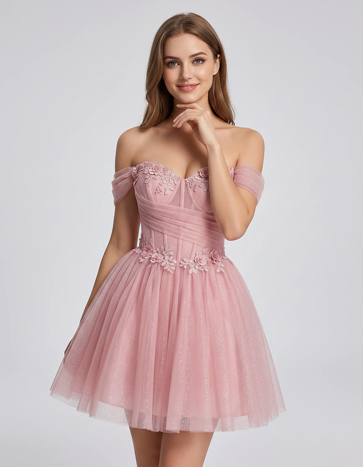 Glitter Tulle Off-the-Shoulder Sweetheart A-Line Mini Dress with Floral Appliqués for Prom, Party, Cocktail, Evening & Weddin
