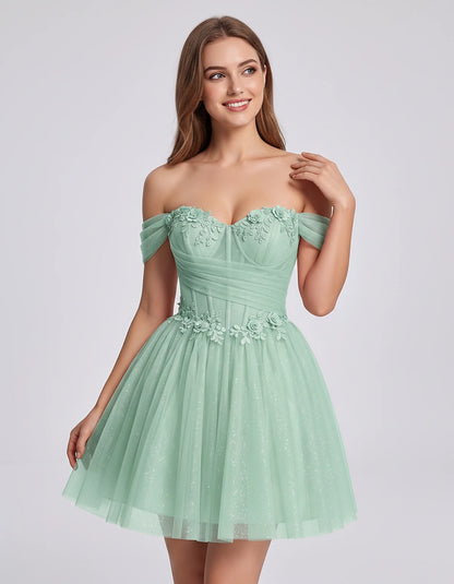 Glitter Tulle Off-the-Shoulder Sweetheart A-Line Mini Dress with Floral Appliqués for Prom, Party, Cocktail, Evening & Weddin
