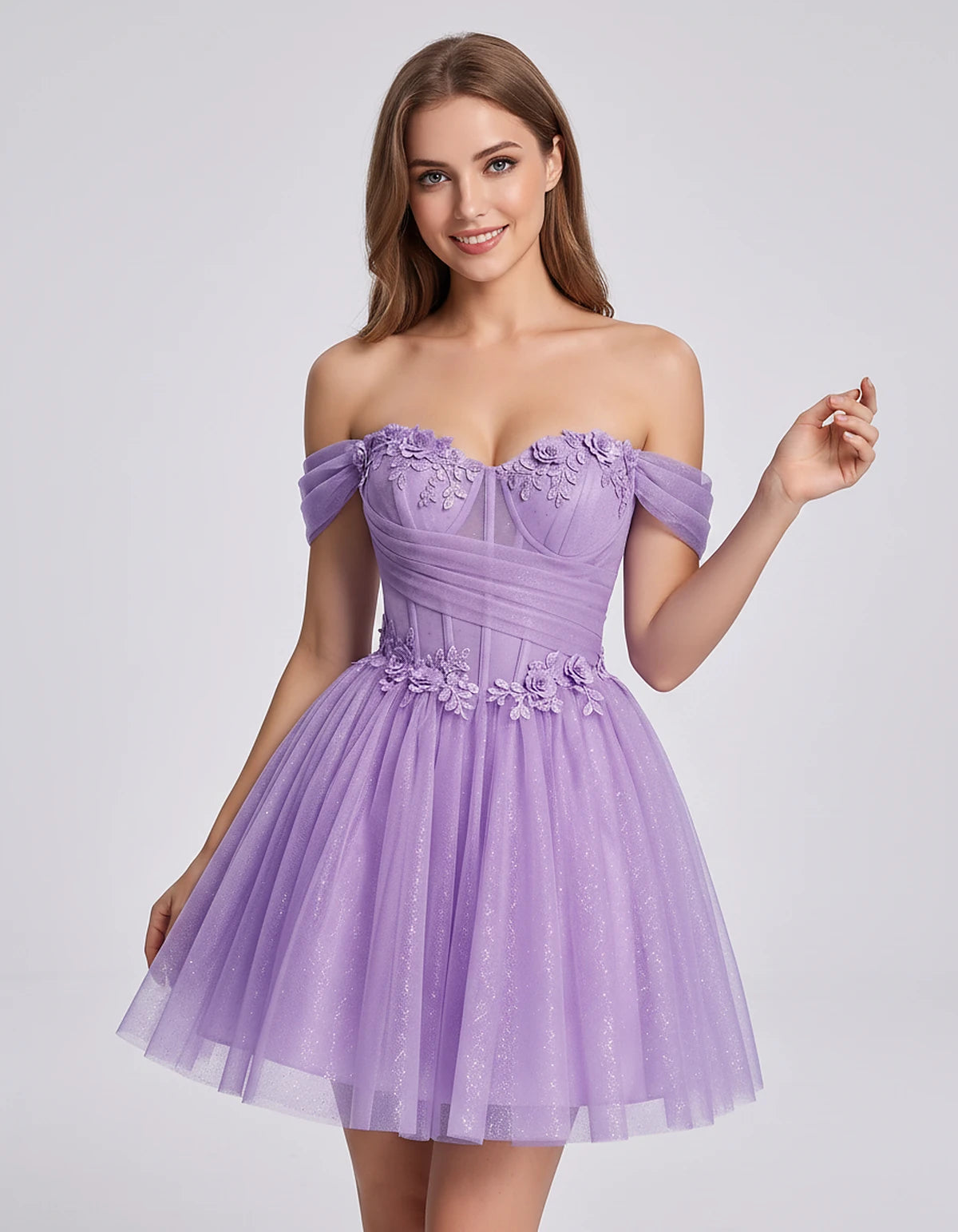 Glitter Tulle Off-the-Shoulder Sweetheart A-Line Mini Dress with Floral Appliqués for Prom, Party, Cocktail, Evening & Weddin