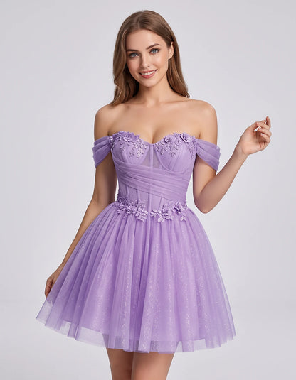 Glitter Tulle Off-the-Shoulder Sweetheart A-Line Mini Dress with Floral Appliqués for Prom, Party, Cocktail, Evening & Weddin
