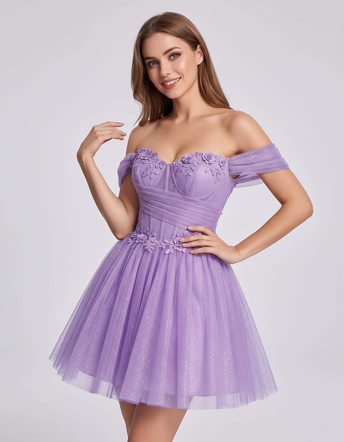 Glitter Tulle Off-the-Shoulder Sweetheart A-Line Mini Dress with Floral Appliqués for Prom, Party, Cocktail, Evening & Weddin