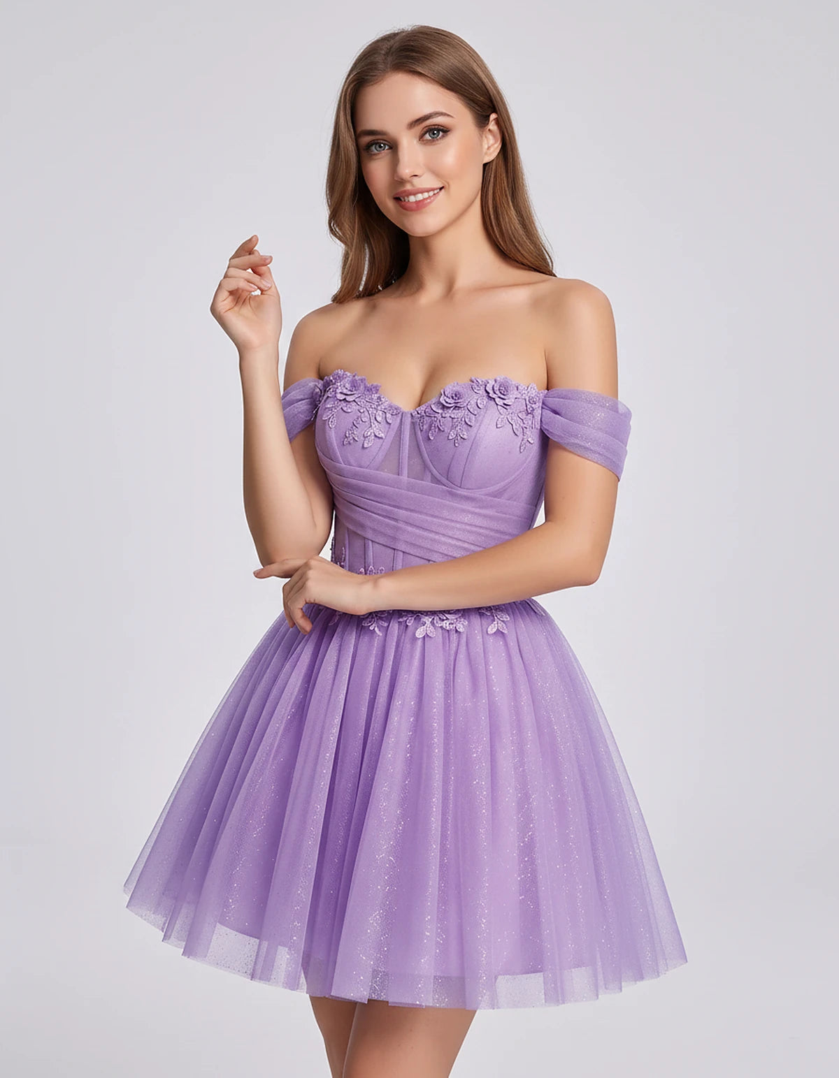 Glitter Tulle Off-the-Shoulder Sweetheart A-Line Mini Dress with Floral Appliqués for Prom, Party, Cocktail, Evening & Weddin