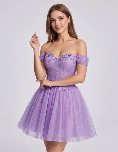 Glitter Tulle Off-the-Shoulder Sweetheart A-Line Mini Dress with Floral Appliqués for Prom, Party, Cocktail, Evening & Weddin