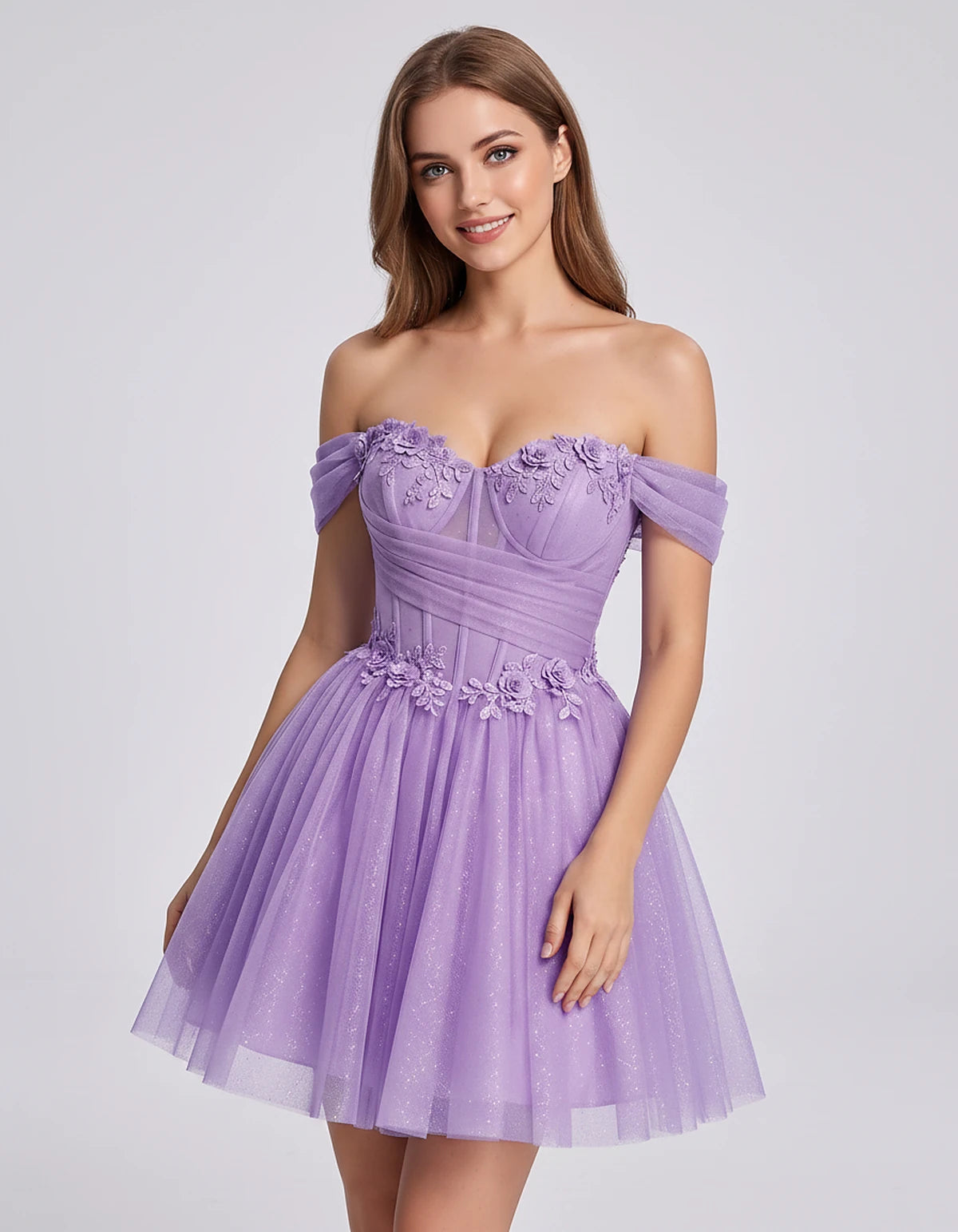 Glitter Tulle Off-the-Shoulder Sweetheart A-Line Mini Dress with Floral Appliqués for Prom, Party, Cocktail, Evening & Weddin