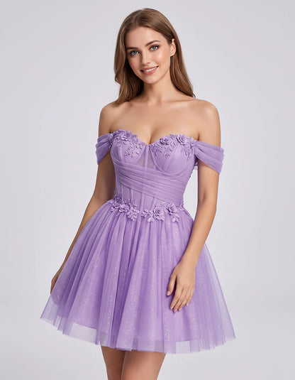 Glitter Tulle Off-the-Shoulder Sweetheart A-Line Mini Dress with Floral Appliqués for Prom, Party, Cocktail, Evening & Weddin