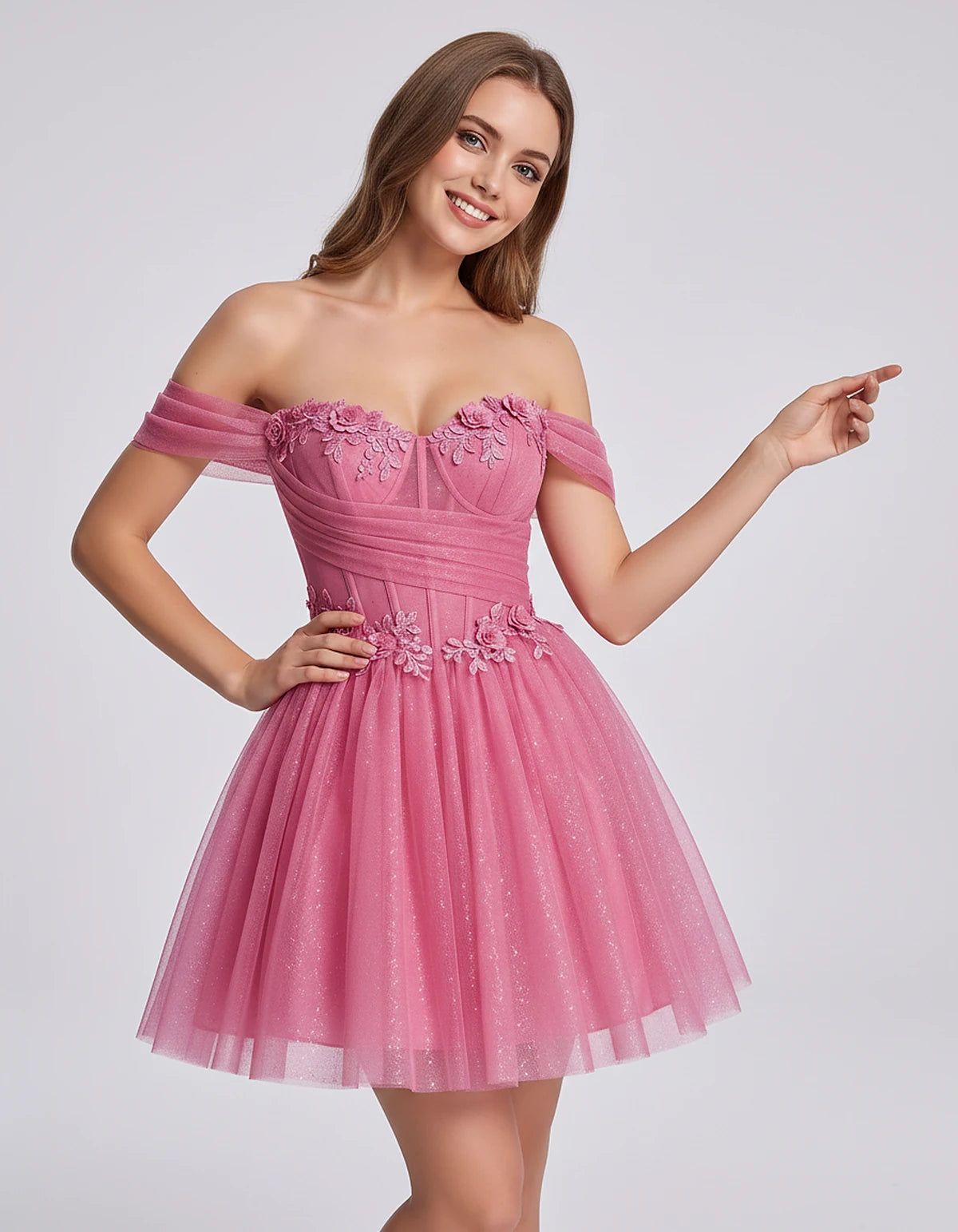 Glitter Tulle Off-the-Shoulder Sweetheart A-Line Mini Dress with Floral Appliqués for Prom, Party, Cocktail, Evening & Weddin
