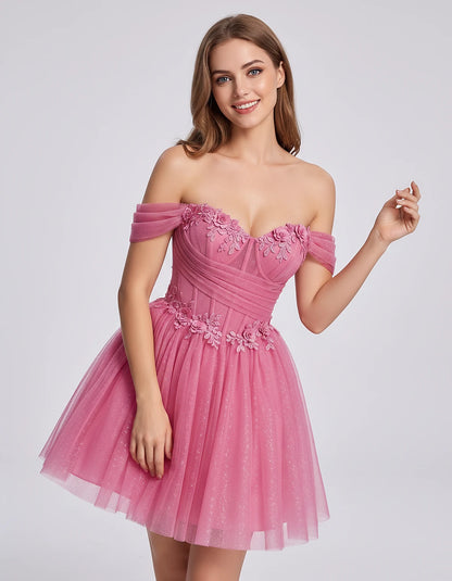 Glitter Tulle Off-the-Shoulder Sweetheart A-Line Mini Dress with Floral Appliqués for Prom, Party, Cocktail, Evening & Weddin