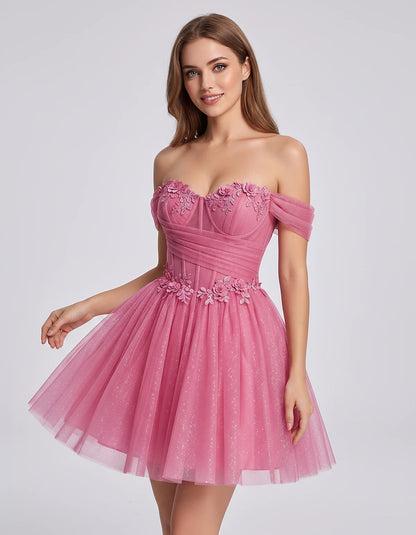 Glitter Tulle Off-the-Shoulder Sweetheart A-Line Mini Dress with Floral Appliqués for Prom, Party, Cocktail, Evening & Weddin