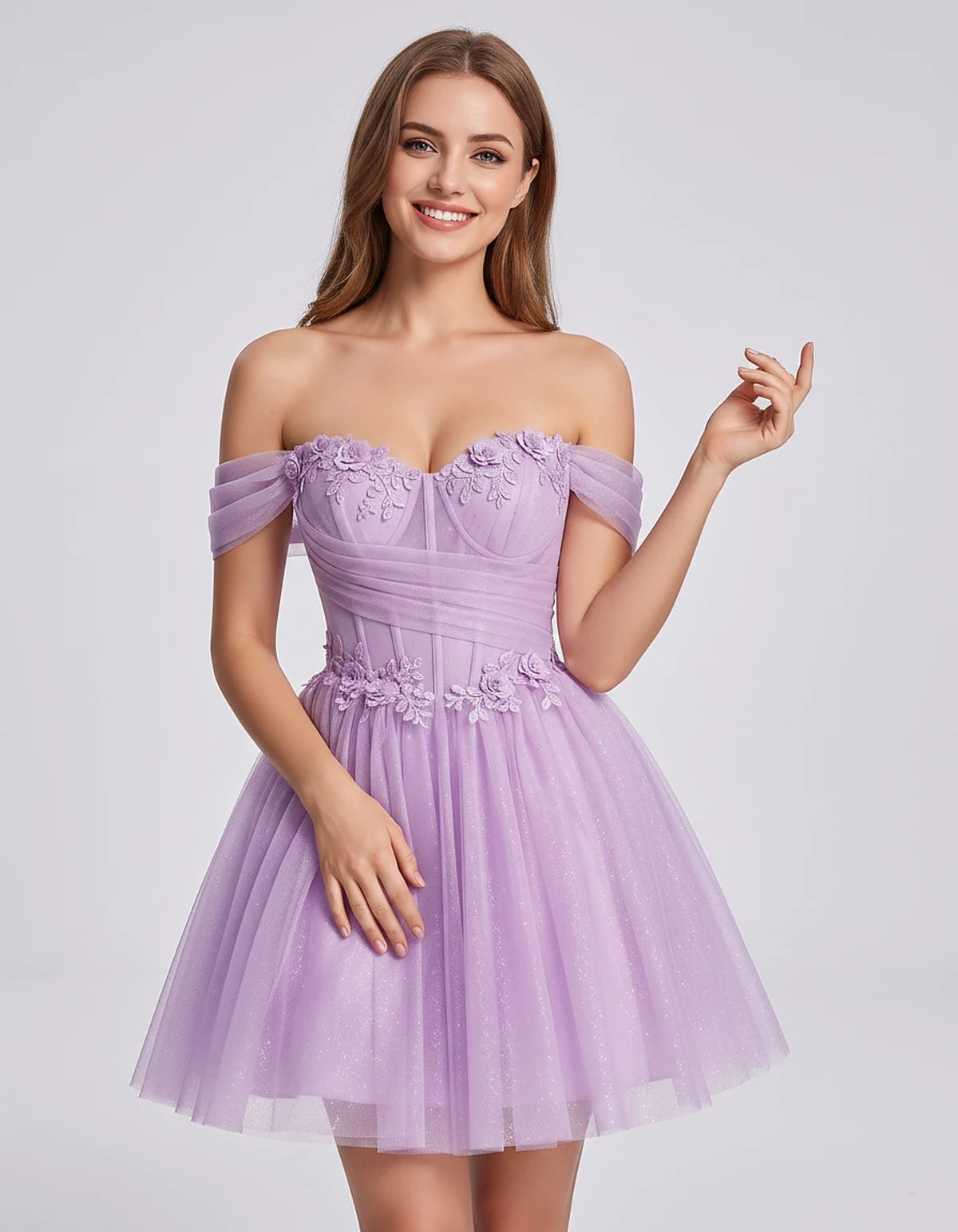 Glitter Tulle Off-the-Shoulder Sweetheart A-Line Mini Dress with Floral Appliqués for Prom, Party, Cocktail, Evening & Weddin