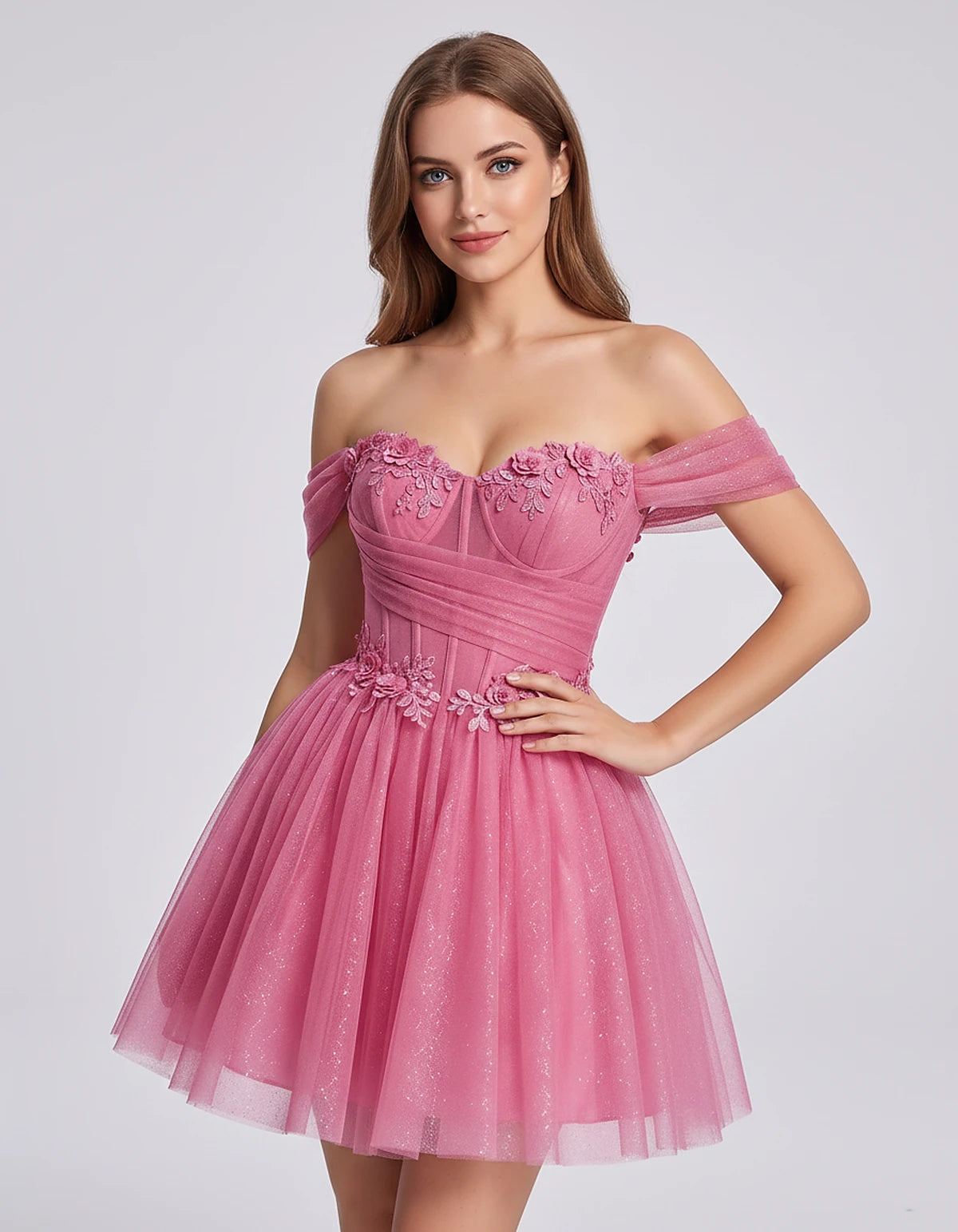 Glitter Tulle Off-the-Shoulder Sweetheart A-Line Mini Dress with Floral Appliqués for Prom, Party, Cocktail, Evening & Weddin