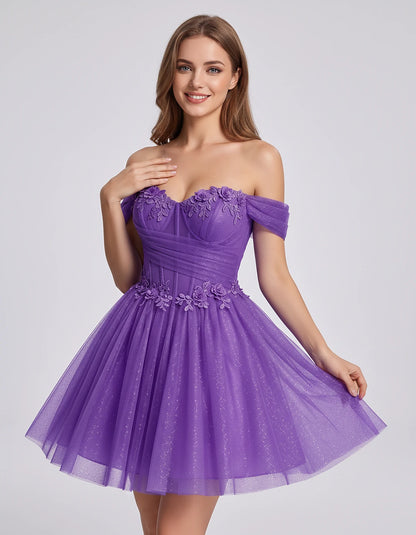 Glitter Tulle Off-the-Shoulder Sweetheart A-Line Mini Dress with Floral Appliqués for Prom, Party, Cocktail, Evening & Weddin