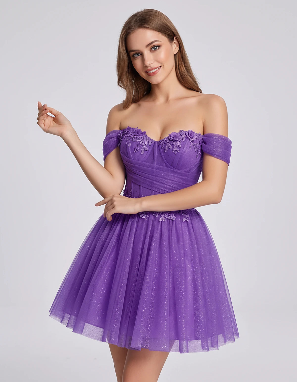 Glitter Tulle Off-the-Shoulder Sweetheart A-Line Mini Dress with Floral Appliqués for Prom, Party, Cocktail, Evening & Weddin
