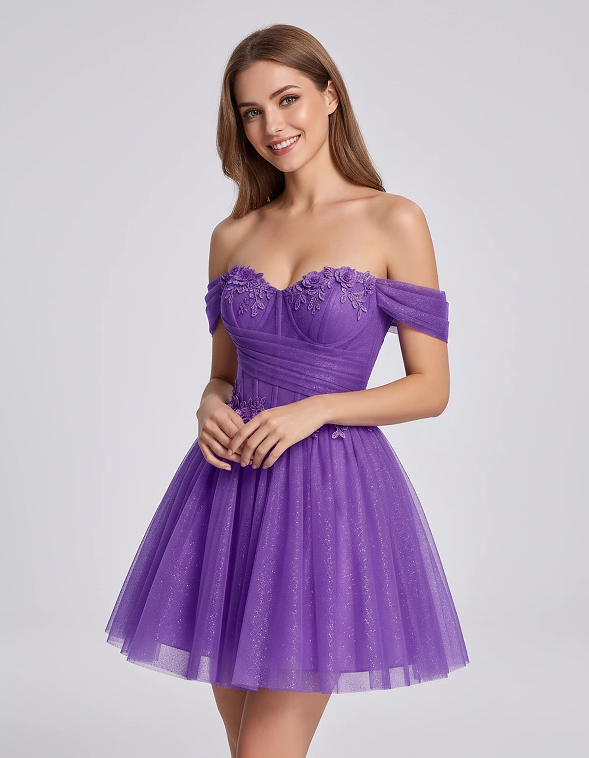 Glitter Tulle Off-the-Shoulder Sweetheart A-Line Mini Dress with Floral Appliqués for Prom, Party, Cocktail, Evening & Weddin