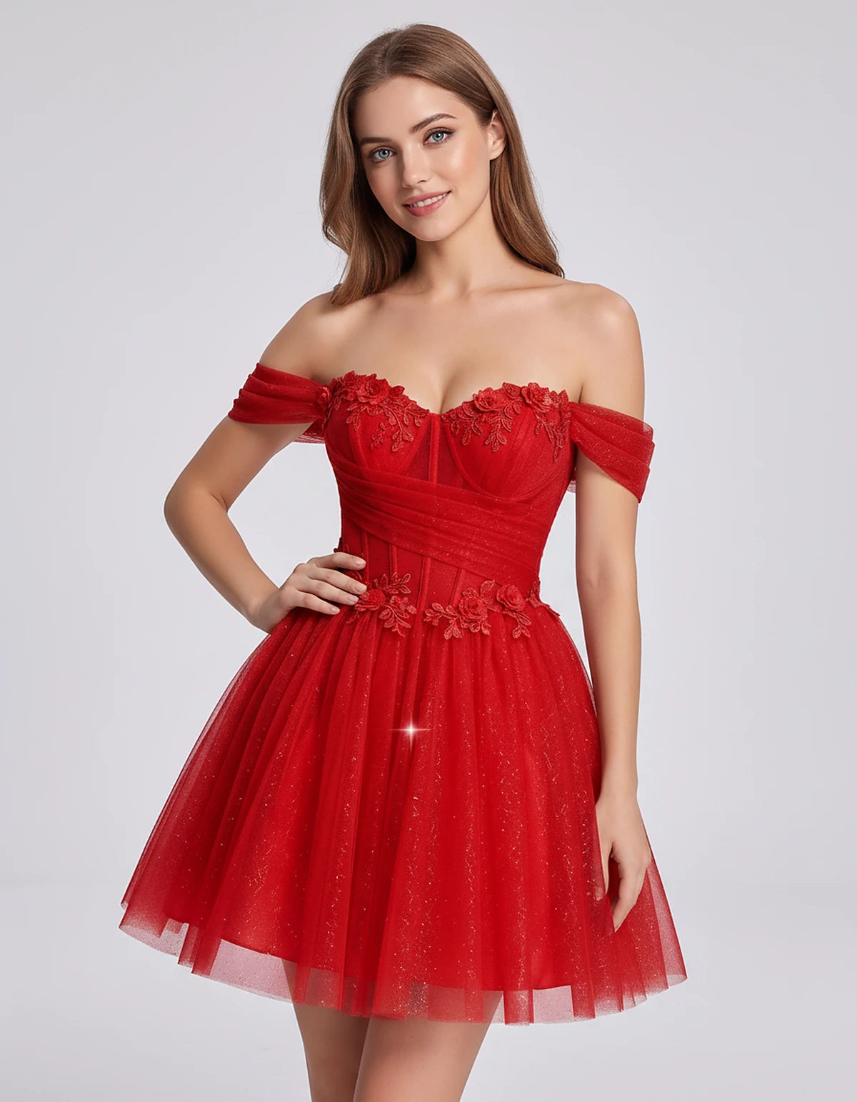Glitter Tulle Off-the-Shoulder Sweetheart A-Line Mini Dress with Floral Appliqués for Prom, Party, Cocktail, Evening & Weddin