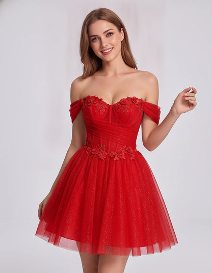 Glitter Tulle Off-the-Shoulder Sweetheart A-Line Mini Dress with Floral Appliqués for Prom, Party, Cocktail, Evening & Weddin
