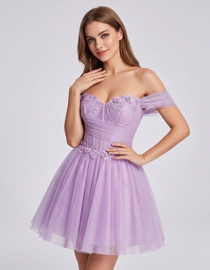 Glitter Tulle Off-the-Shoulder Sweetheart A-Line Mini Dress with Floral Appliqués for Prom, Party, Cocktail, Evening & Weddin