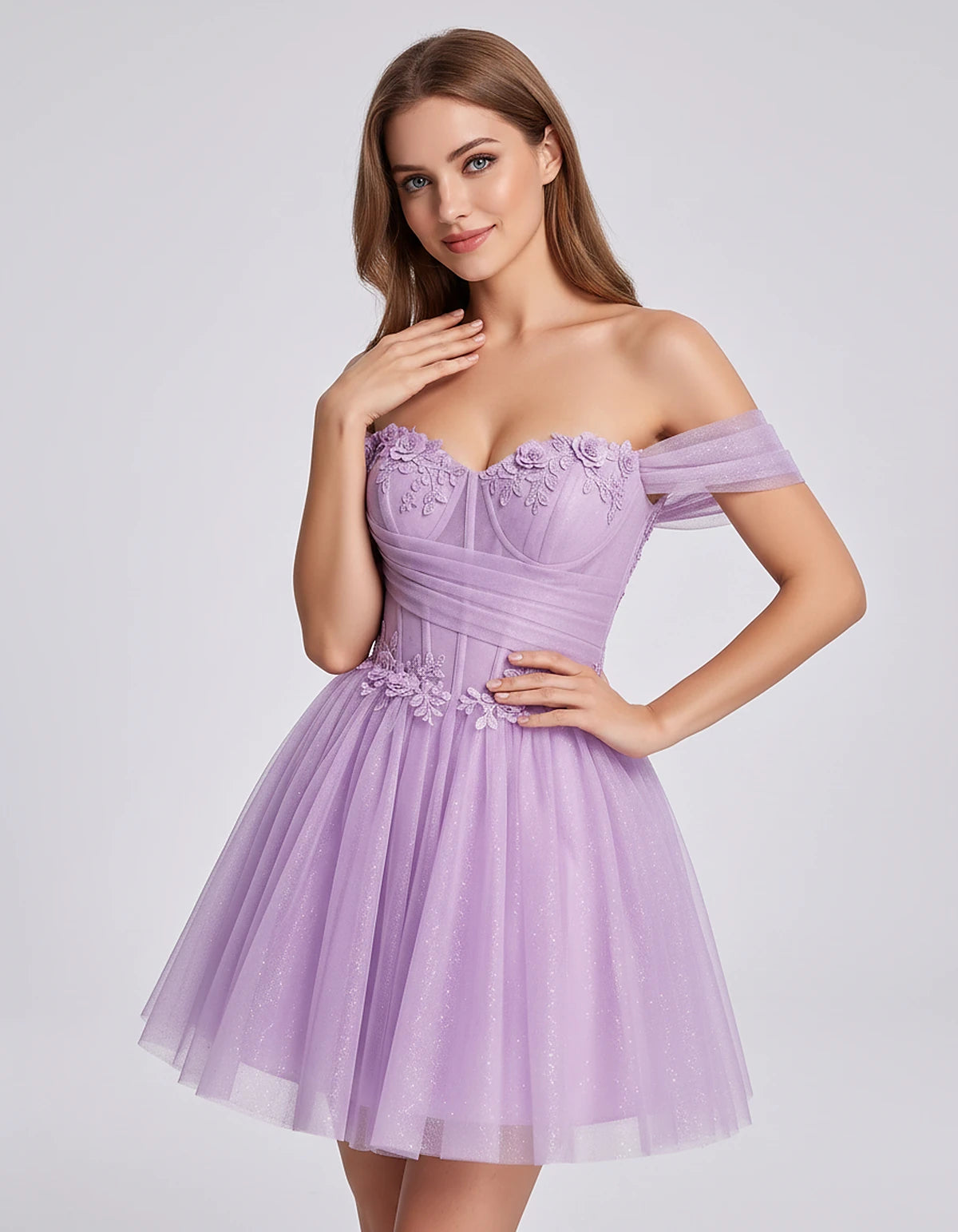 Glitter Tulle Off-the-Shoulder Sweetheart A-Line Mini Dress with Floral Appliqués for Prom, Party, Cocktail, Evening & Weddin