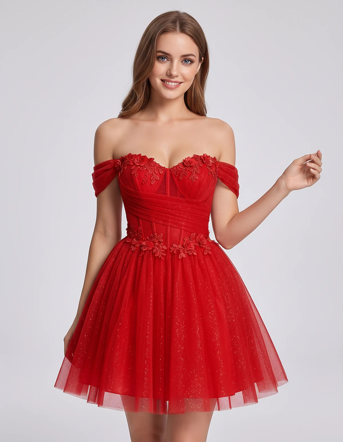Glitter Tulle Off-the-Shoulder Sweetheart A-Line Mini Dress with Floral Appliqués for Prom, Party, Cocktail, Evening & Weddin
