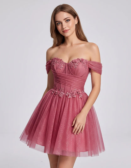 Glitter Tulle Off-the-Shoulder Sweetheart A-Line Mini Dress with Floral Appliqués for Prom, Party, Cocktail, Evening & Weddin