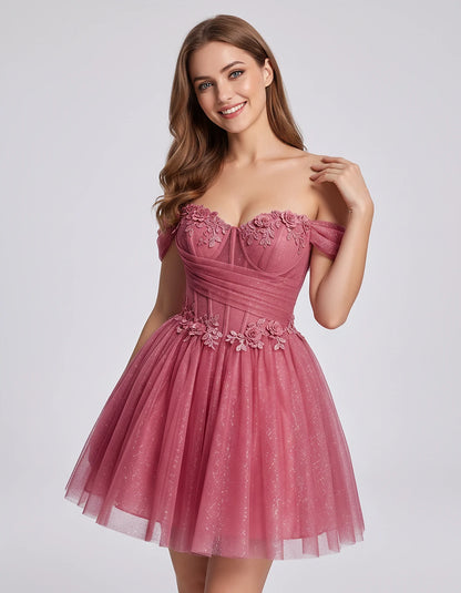 Glitter Tulle Off-the-Shoulder Sweetheart A-Line Mini Dress with Floral Appliqués for Prom, Party, Cocktail, Evening & Weddin