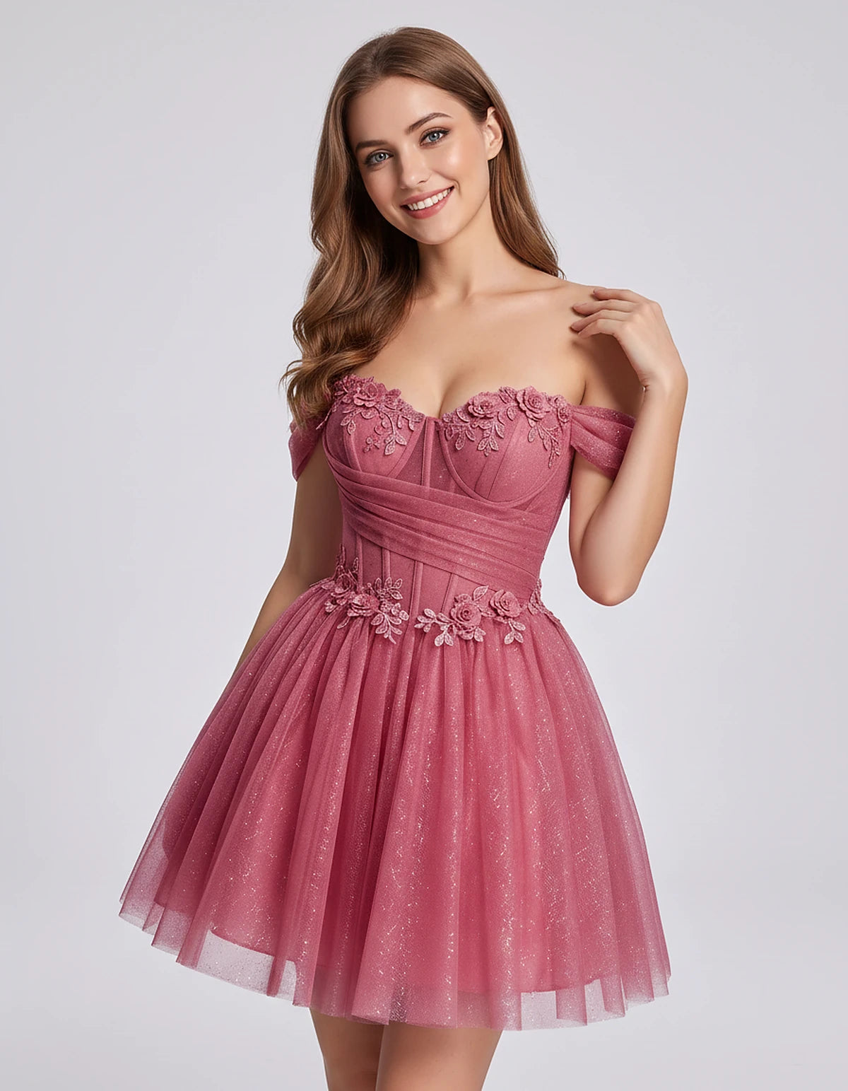 Glitter Tulle Off-the-Shoulder Sweetheart A-Line Mini Dress with Floral Appliqués for Prom, Party, Cocktail, Evening & Weddin