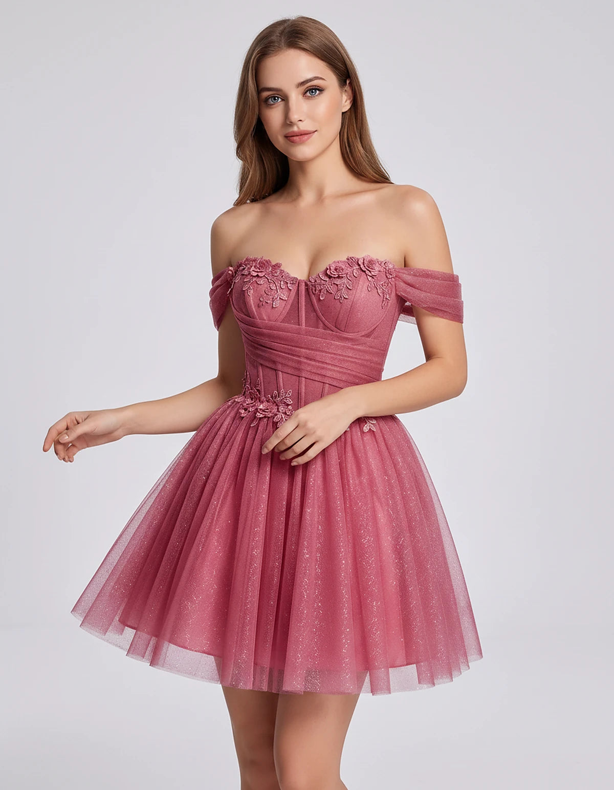 Glitter Tulle Off-the-Shoulder Sweetheart A-Line Mini Dress with Floral Appliqués for Prom, Party, Cocktail, Evening & Weddin