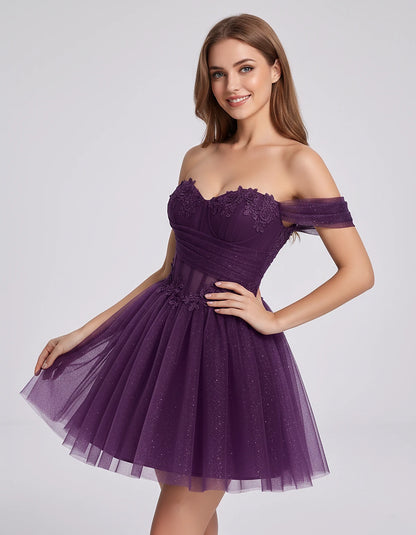 Glitter Tulle Off-the-Shoulder Sweetheart A-Line Mini Dress with Floral Appliqués for Prom, Party, Cocktail, Evening & Weddin