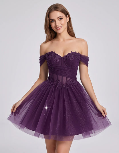 Glitter Tulle Off-the-Shoulder Sweetheart A-Line Mini Dress with Floral Appliqués for Prom, Party, Cocktail, Evening & Weddin
